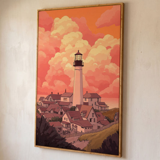 Lighthouse at Sunset Canvas Print, Coastal Wall Art shown in white oak floating frame