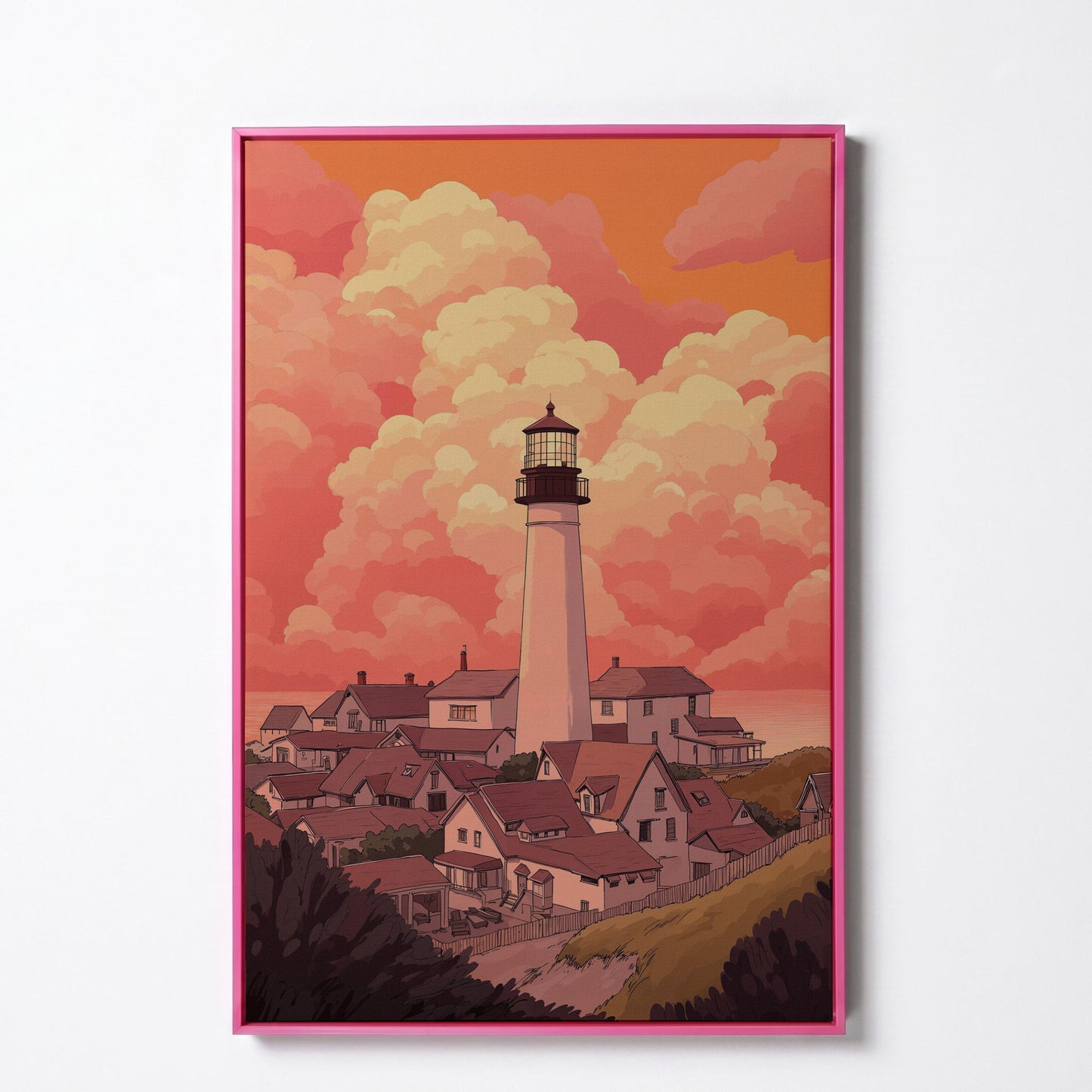 Lighthouse at Sunset Canvas Print, Coastal Wall Art in pink floating frame