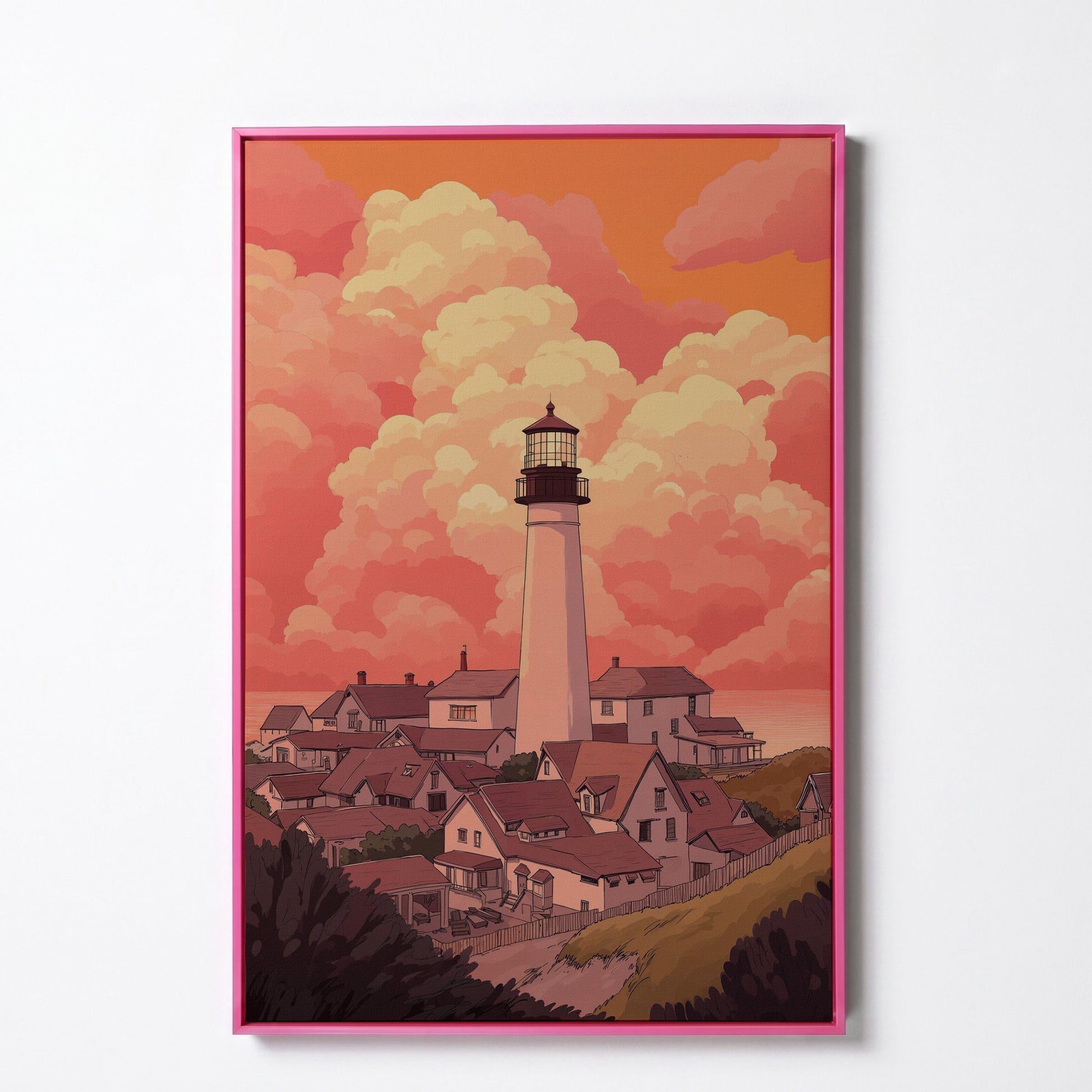 Lighthouse at Sunset Canvas Print, Coastal Wall Art in pink floating frame