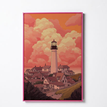 Lighthouse at Sunset Canvas Print, Coastal Wall Art in pink floating frame