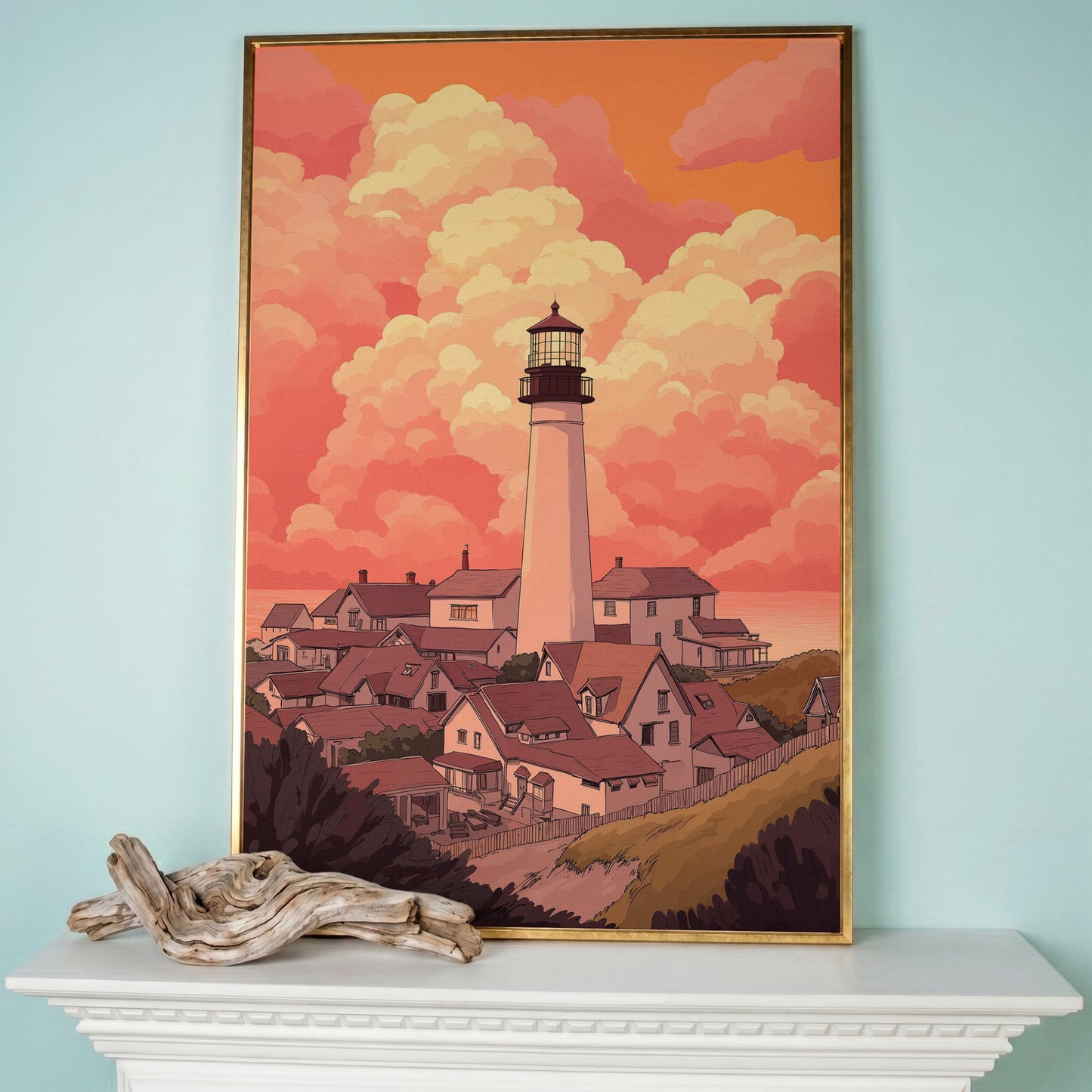 Lighthouse at Sunset Canvas Print, Coastal Wall Art in rose gold floating frame