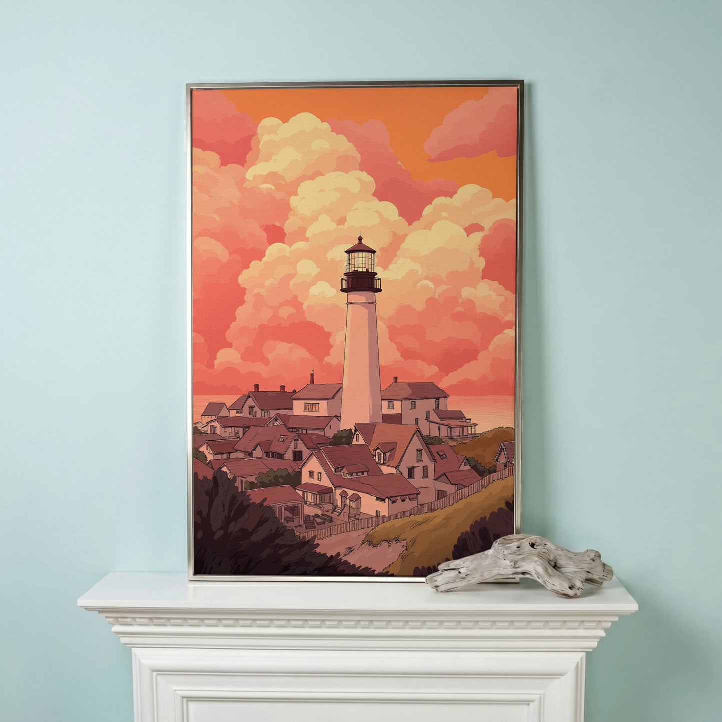 Lighthouse at Sunset Canvas Print, Coastal Wall Art in silver floating frame