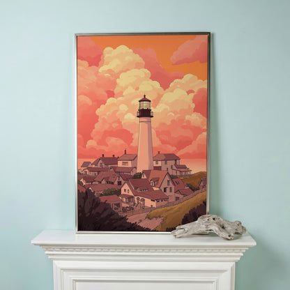 Lighthouse at Sunset Canvas Print, Coastal Wall Art in silver floating frame