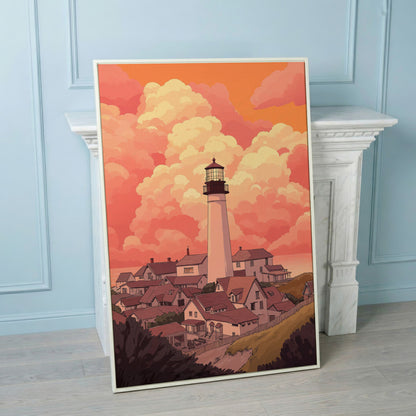 Lighthouse at Sunset Canvas Print, Coastal Wall Art in white floating frame
