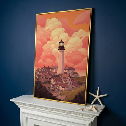 Lighthouse at Sunset Canvas Print, Coastal Wall Art in yellow gold floating frame