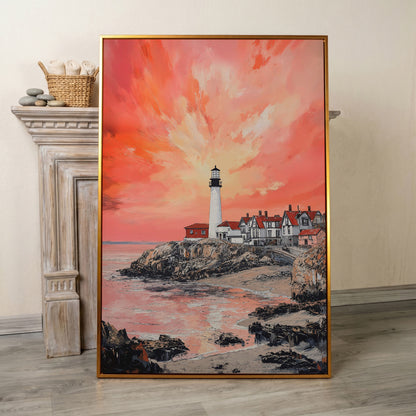 Lighthouse at Sunset on Rocky Cliff. Coastal Canvas Art in antique gold floating frame