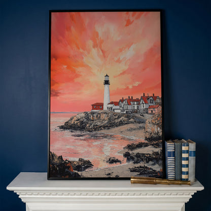 Lighthouse at Sunset on Rocky Cliff. Coastal Canvas Art in black floating frame