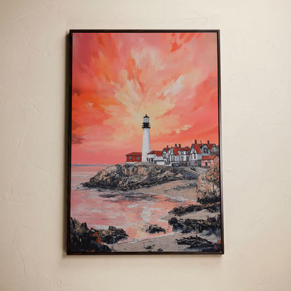 Lighthouse at Sunset on Rocky Cliff. Coastal Canvas Art in dark walnut floating frame