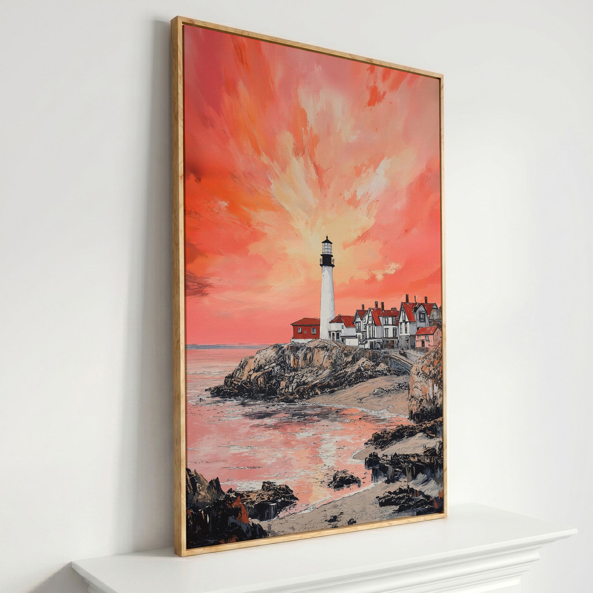 Lighthouse at Sunset on Rocky Cliff. Coastal Canvas Art in white oak floating frame