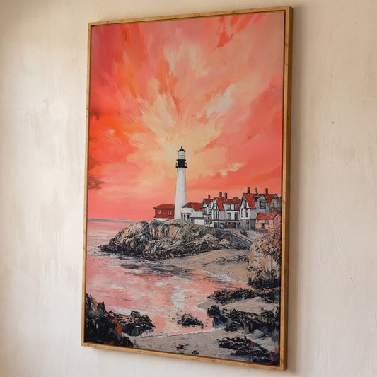 Lighthouse at Sunset on Rocky Cliff. Coastal Canvas Art shown in white oak floating frame