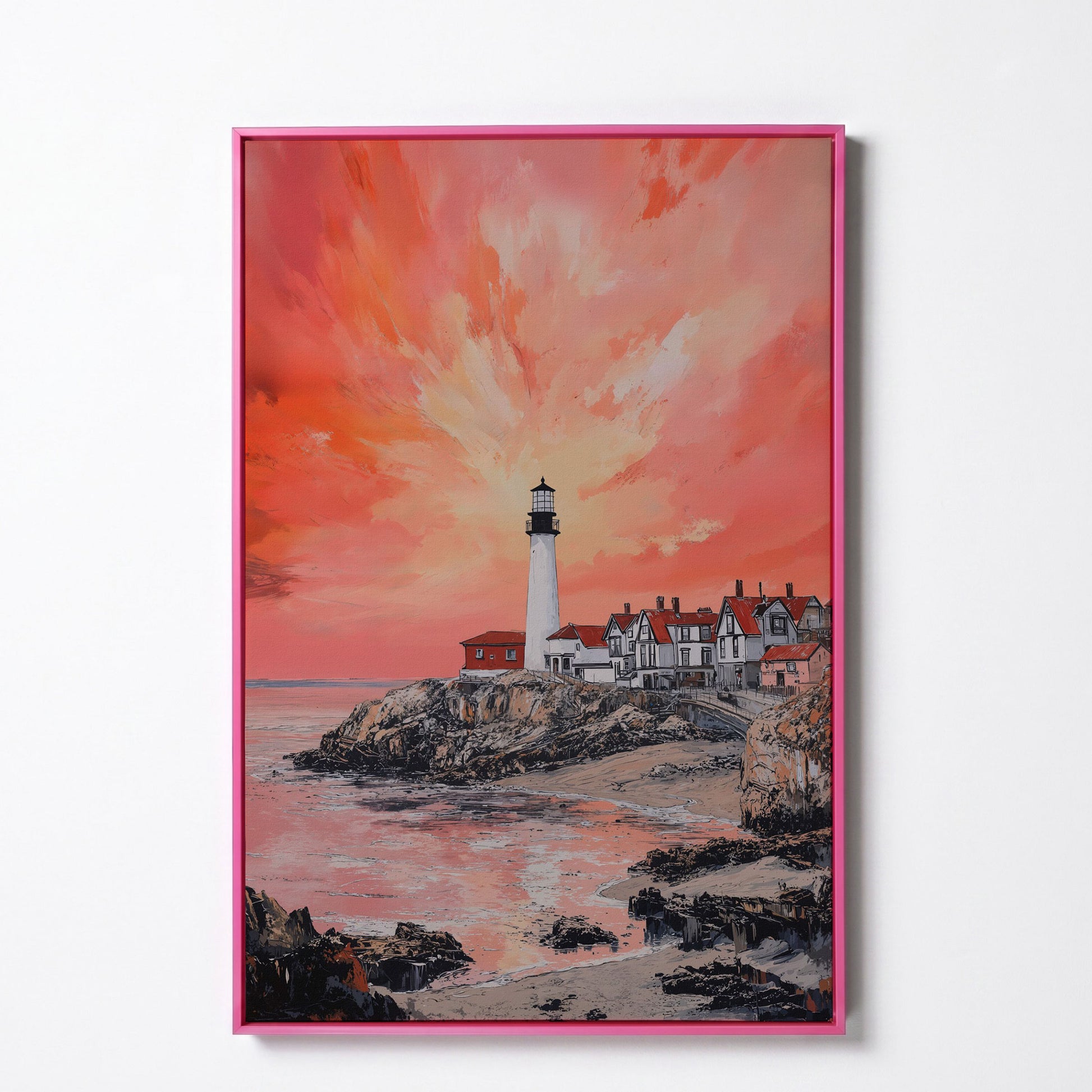 Lighthouse at Sunset on Rocky Cliff. Coastal Canvas Art in pink floating frame
