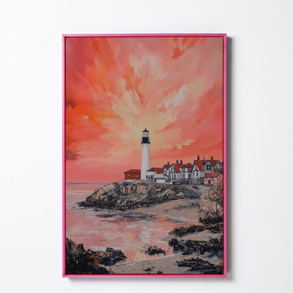 Lighthouse at Sunset on Rocky Cliff. Coastal Canvas Art in pink floating frame