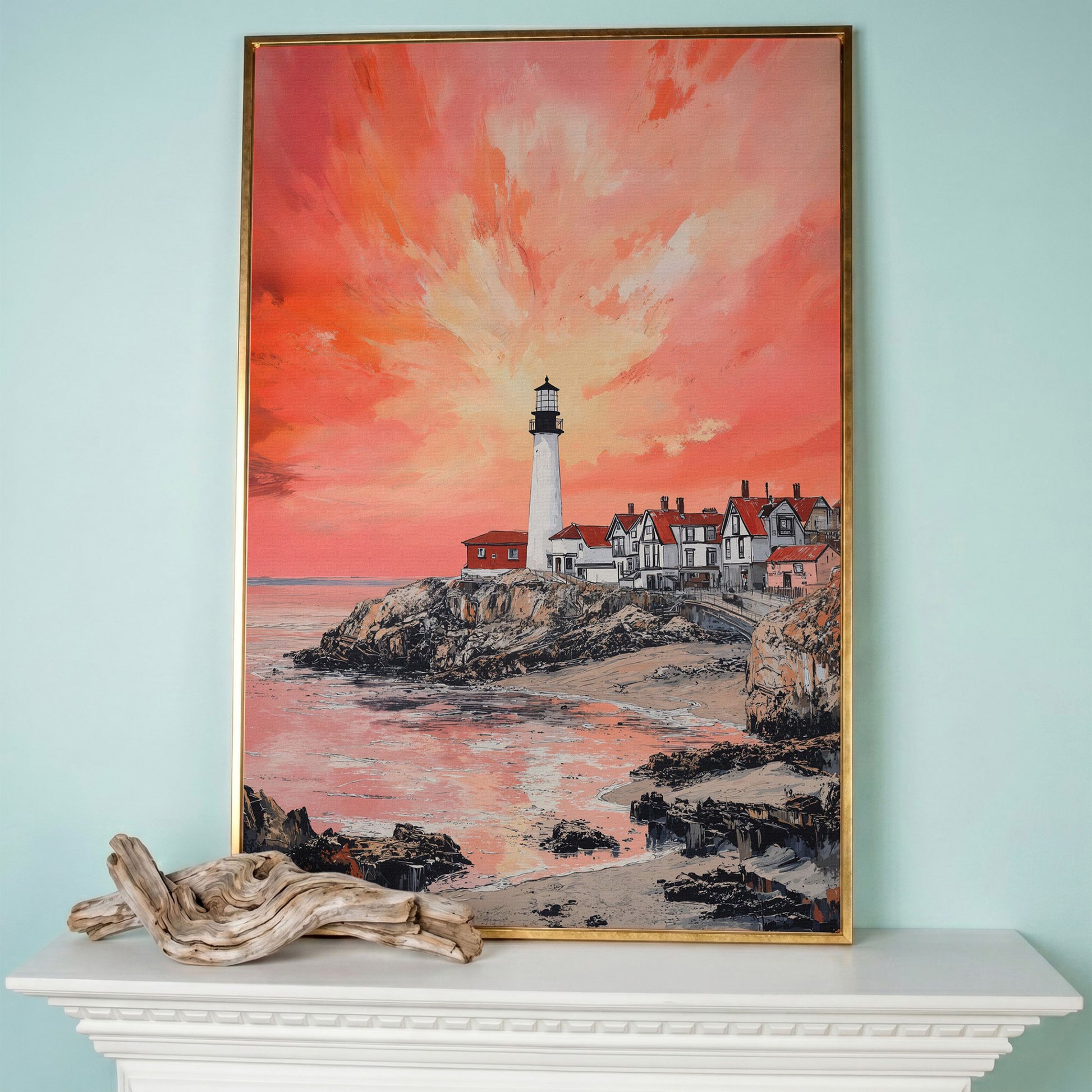 Lighthouse at Sunset on Rocky Cliff. Coastal Canvas Art in rose gold floating frame