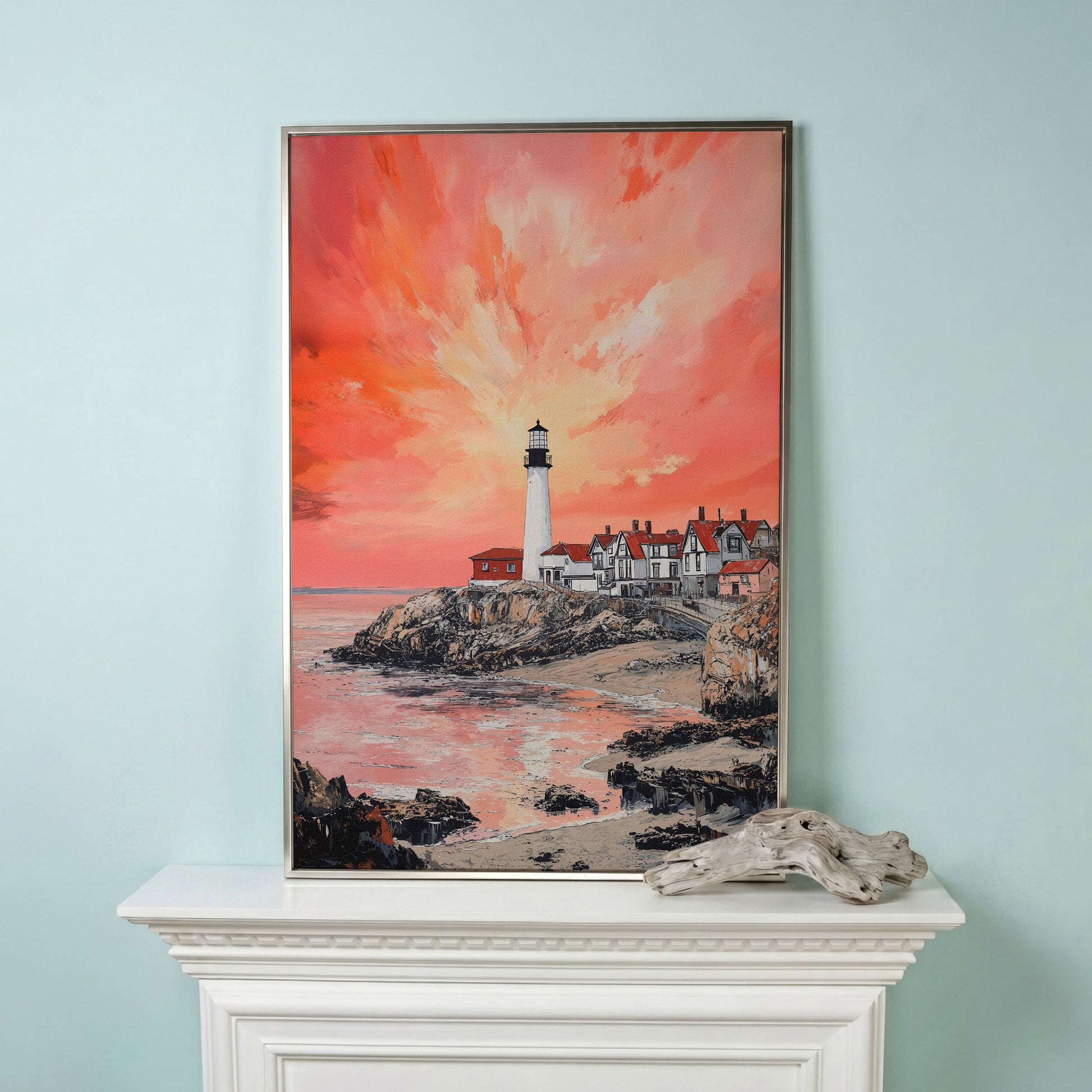 Lighthouse at Sunset on Rocky Cliff. Coastal Canvas Art in silver floating frame