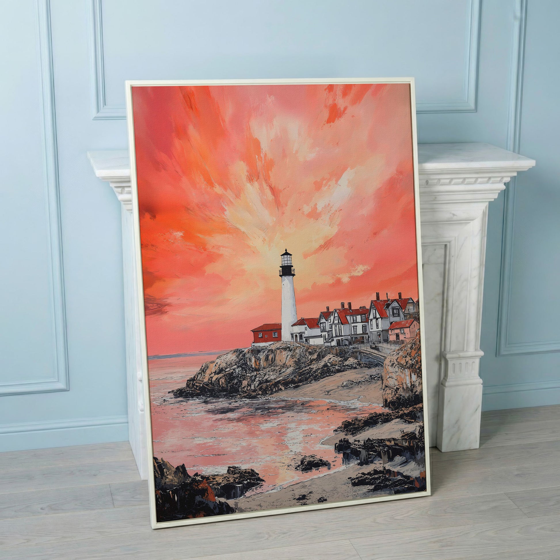 Lighthouse at Sunset on Rocky Cliff. Coastal Canvas Art in white floating frame