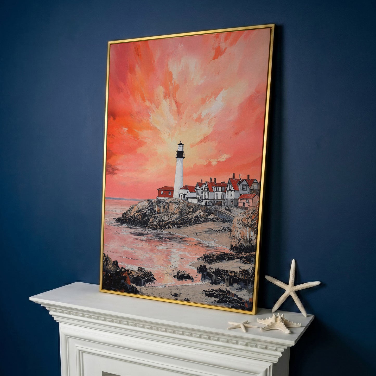 Lighthouse at Sunset on Rocky Cliff. Coastal Canvas Art in yellow gold floating frame