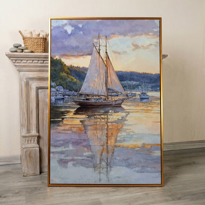 Sailboat at Sunset Harbor Canvas Wall Art in antique gold floating frame