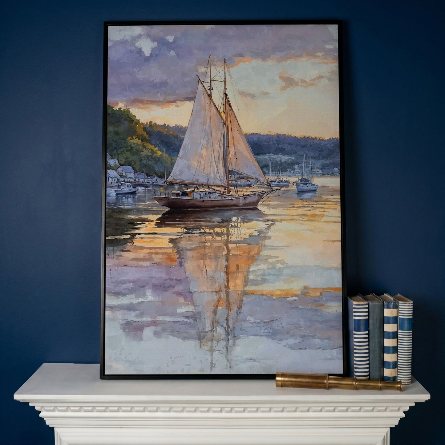 Sailboat at Sunset Harbor Canvas Wall Art in black floating frame