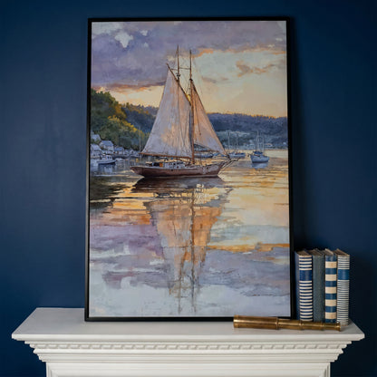 Sailboat at Sunset Harbor Canvas Wall Art in black floating frame