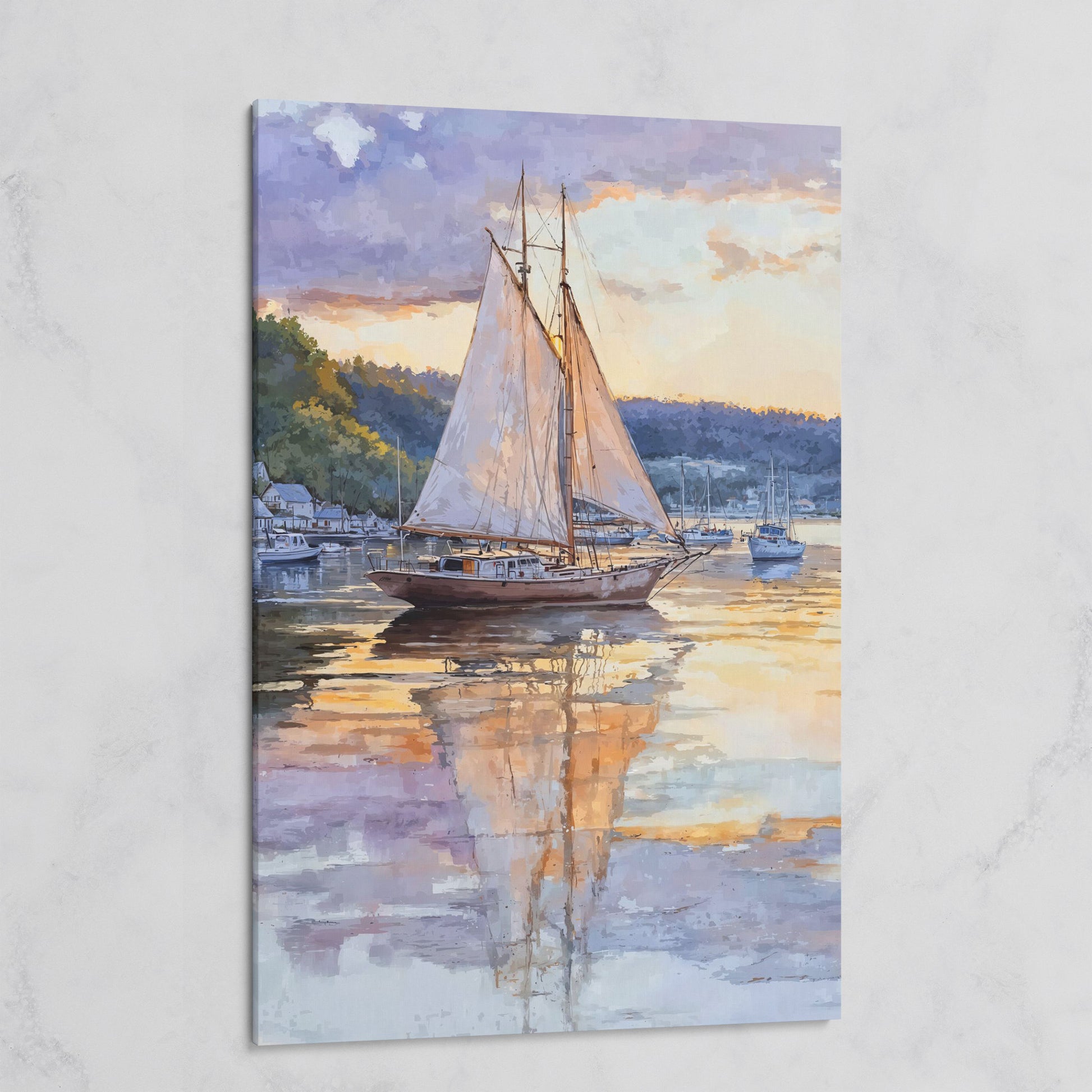 Sailboat at Sunset Harbor Canvas Wall Art on gallery wrap