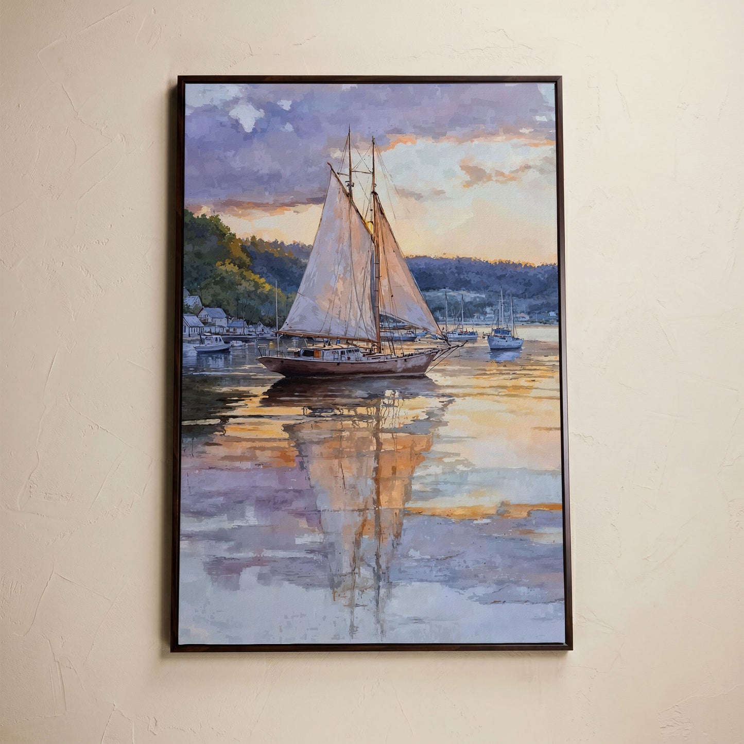 Sailboat at Sunset Harbor Canvas Wall Art in dark walnut floating frame