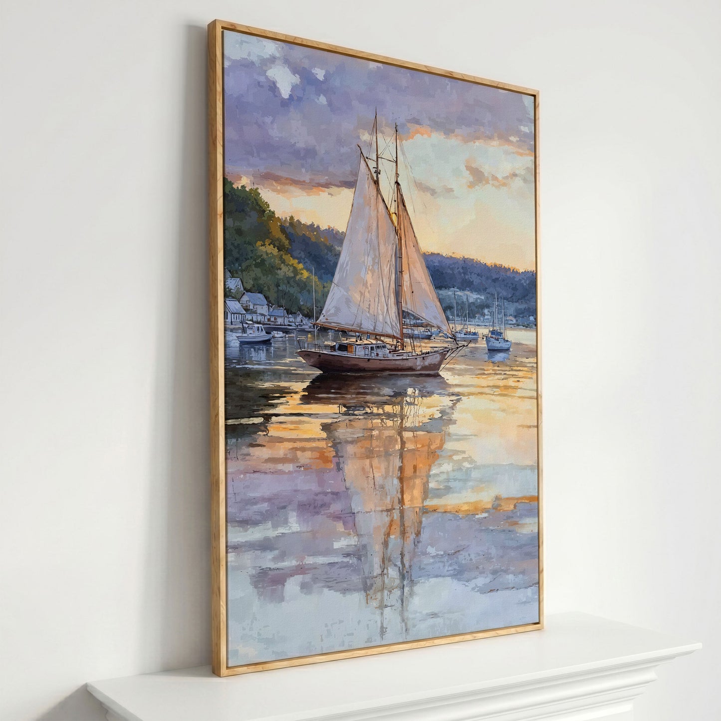 Sailboat at Sunset Harbor Canvas Wall Art in white oak floating frame