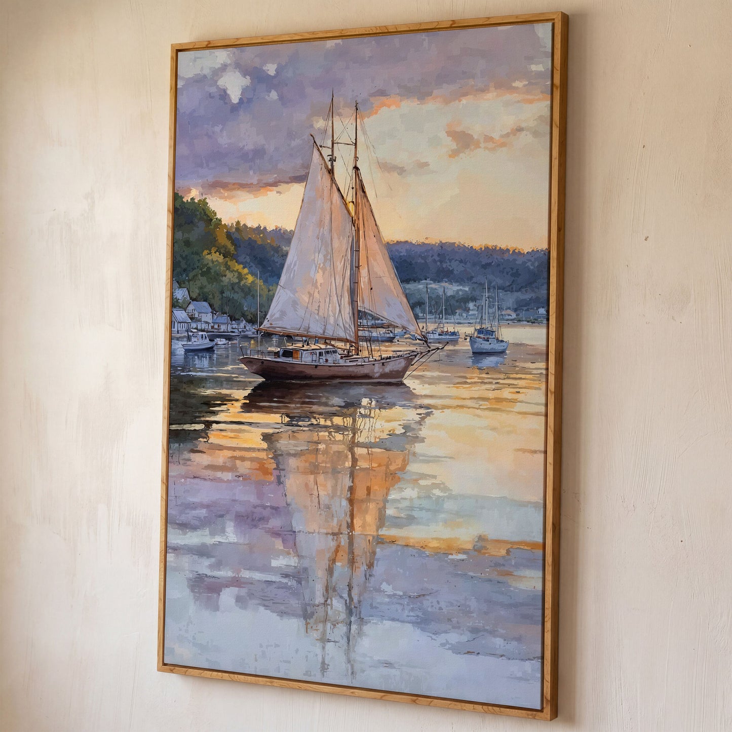 Sailboat at Sunset Harbor Canvas Wall Art shown in white oak floating frame