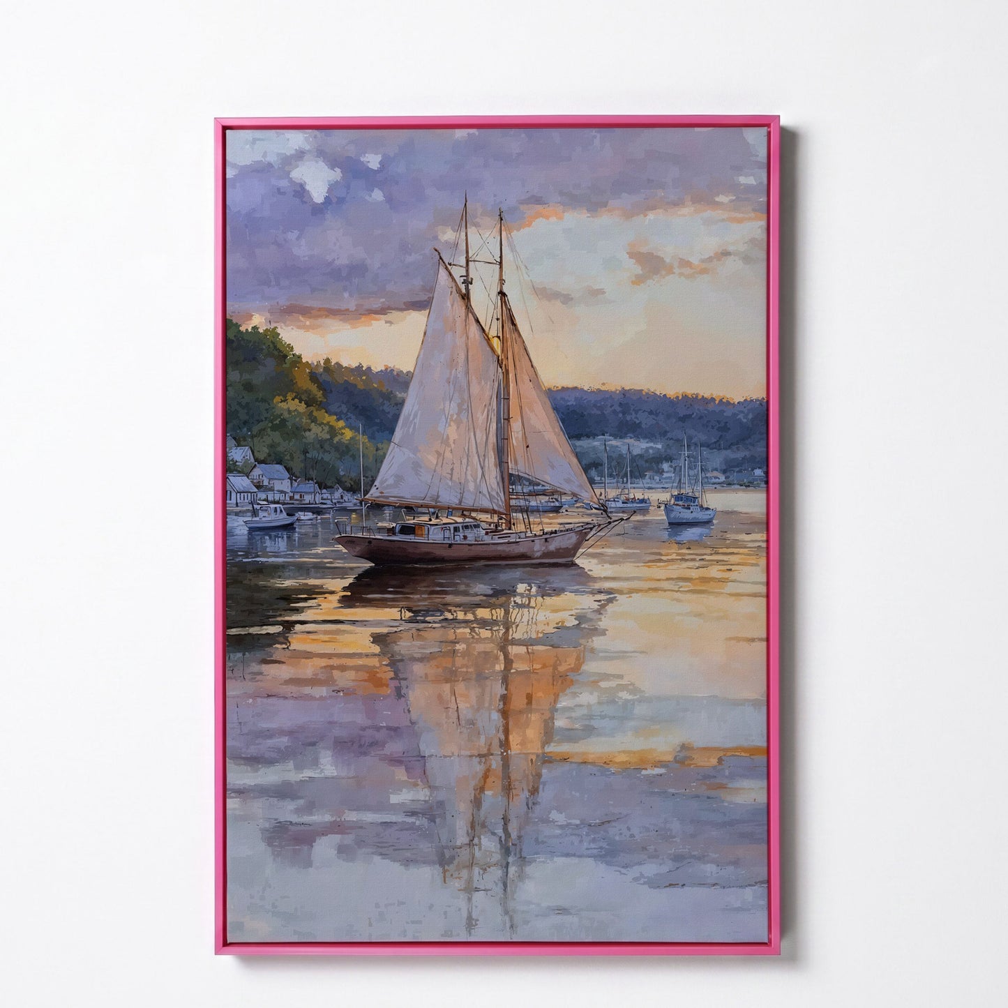 Sailboat at Sunset Harbor Canvas Wall Art in pink floating frame