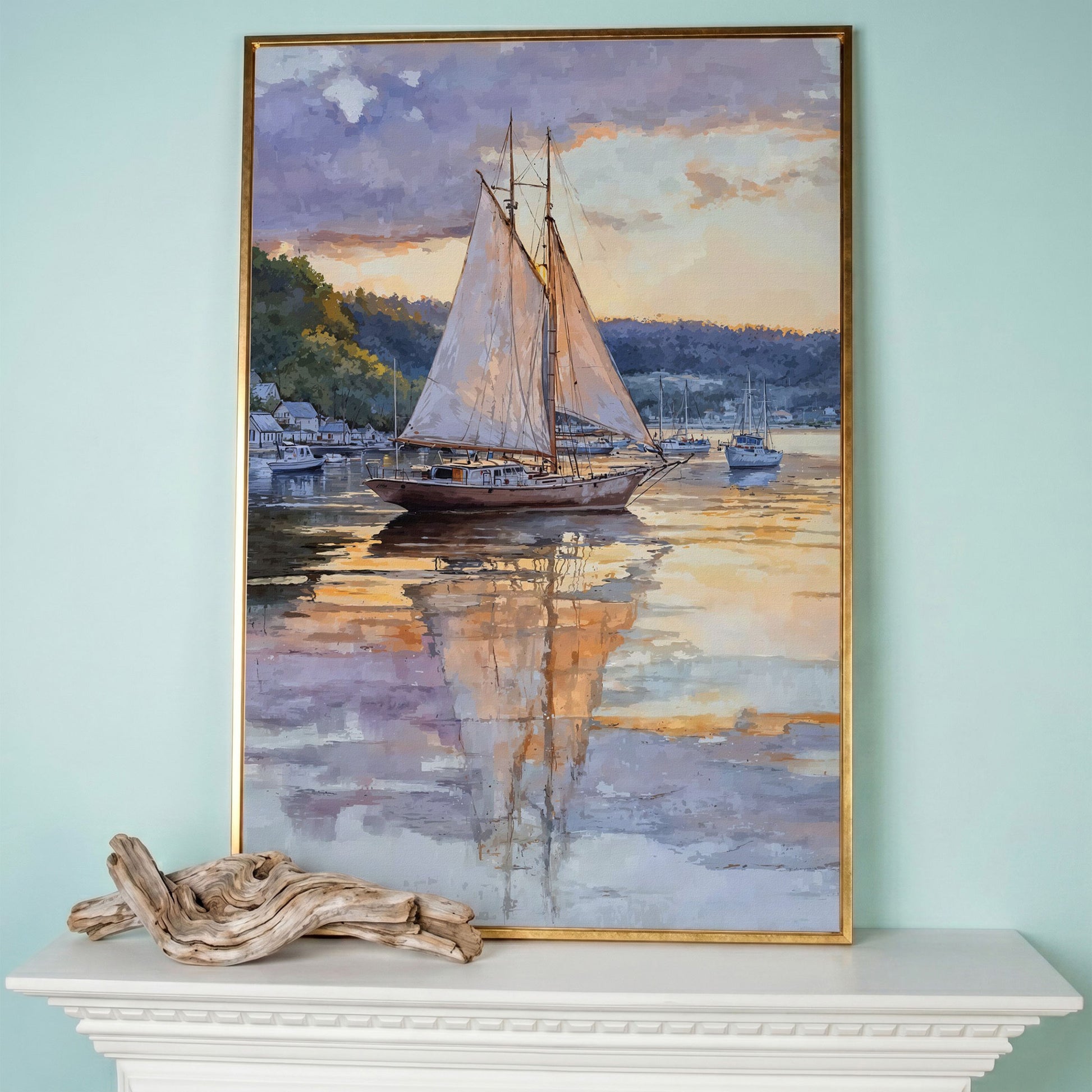 Sailboat at Sunset Harbor Canvas Wall Art in rose gold floating frame