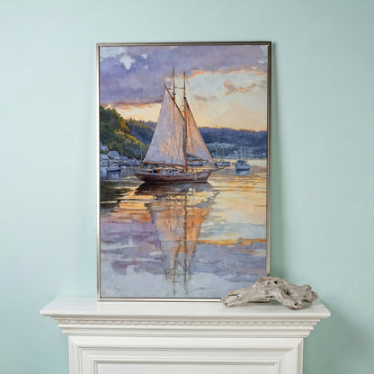 Sailboat at Sunset Harbor Canvas Wall Art in silver floating frame