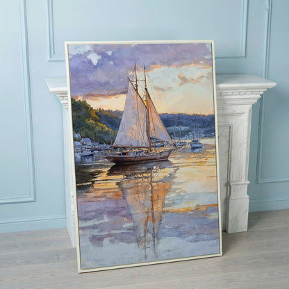 Sailboat at Sunset Harbor Canvas Wall Art in white floating frame