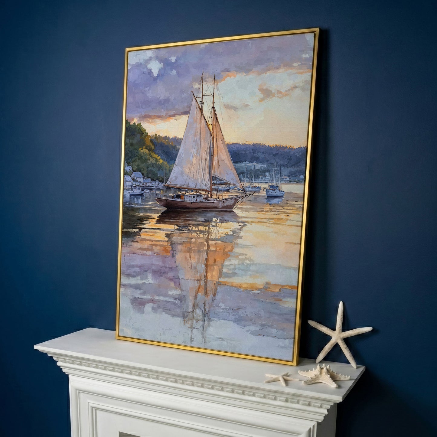 Sailboat at Sunset Harbor Canvas Wall Art in yellow gold floating frame