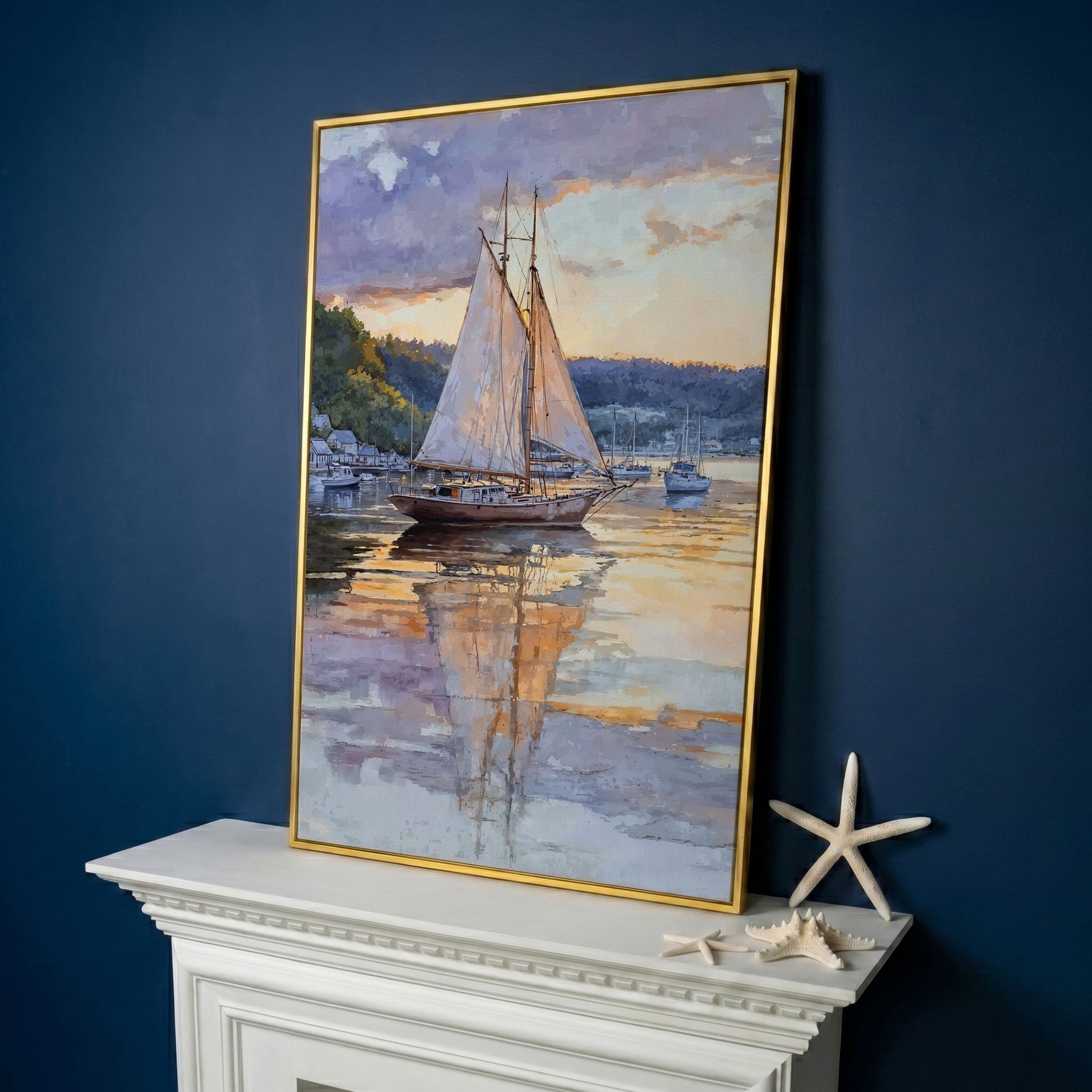 Sailboat at Sunset Harbor Canvas Wall Art in yellow gold floating frame