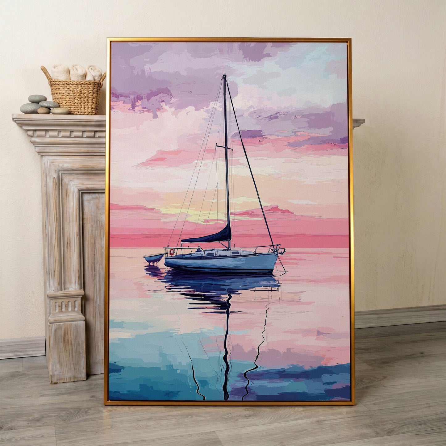 Sailboat at Sunrise Canvas Art, Calm Water Pastel Sky in antique gold floating frame