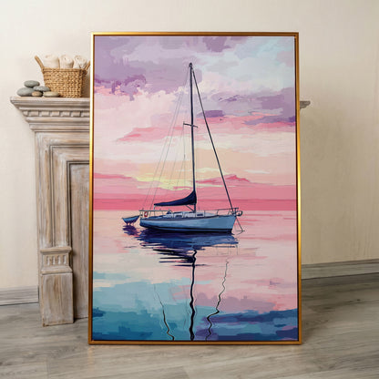 Sailboat at Sunrise Canvas Art, Calm Water Pastel Sky in antique gold floating frame