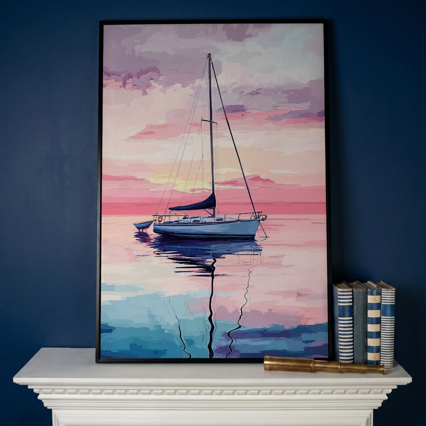 Sailboat at Sunrise Canvas Art, Calm Water Pastel Sky in black floating frame