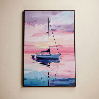 Sailboat at Sunrise Canvas Art, Calm Water Pastel Sky in dark walnut floating frame