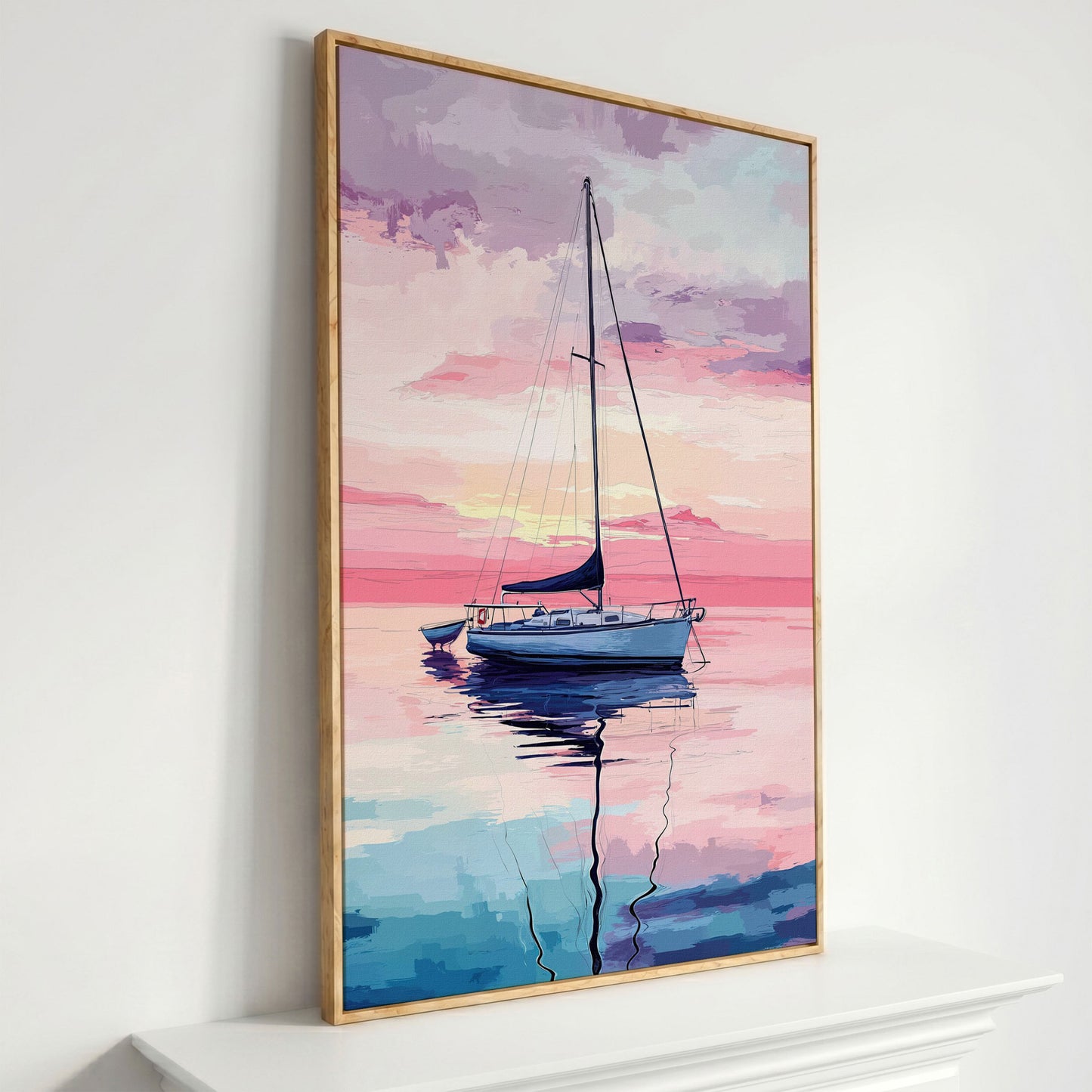 Sailboat at Sunrise Canvas Art, Calm Water Pastel Sky in white oak floating frame