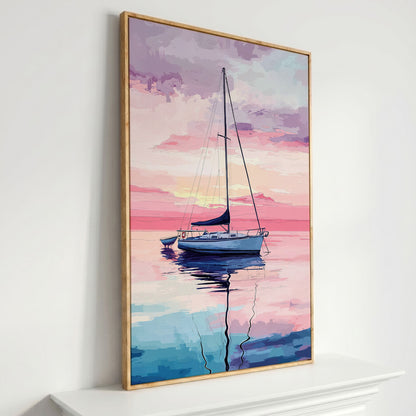 Sailboat at Sunrise Canvas Art, Calm Water Pastel Sky in white oak floating frame