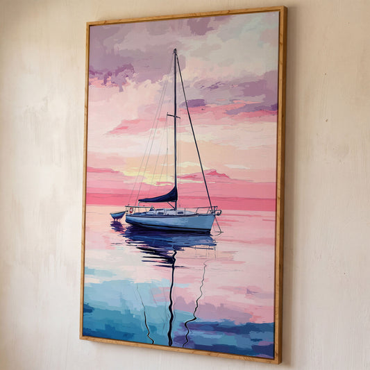 Sailboat at Sunrise Canvas Art, Calm Water Pastel Sky shown in white oak floating frame