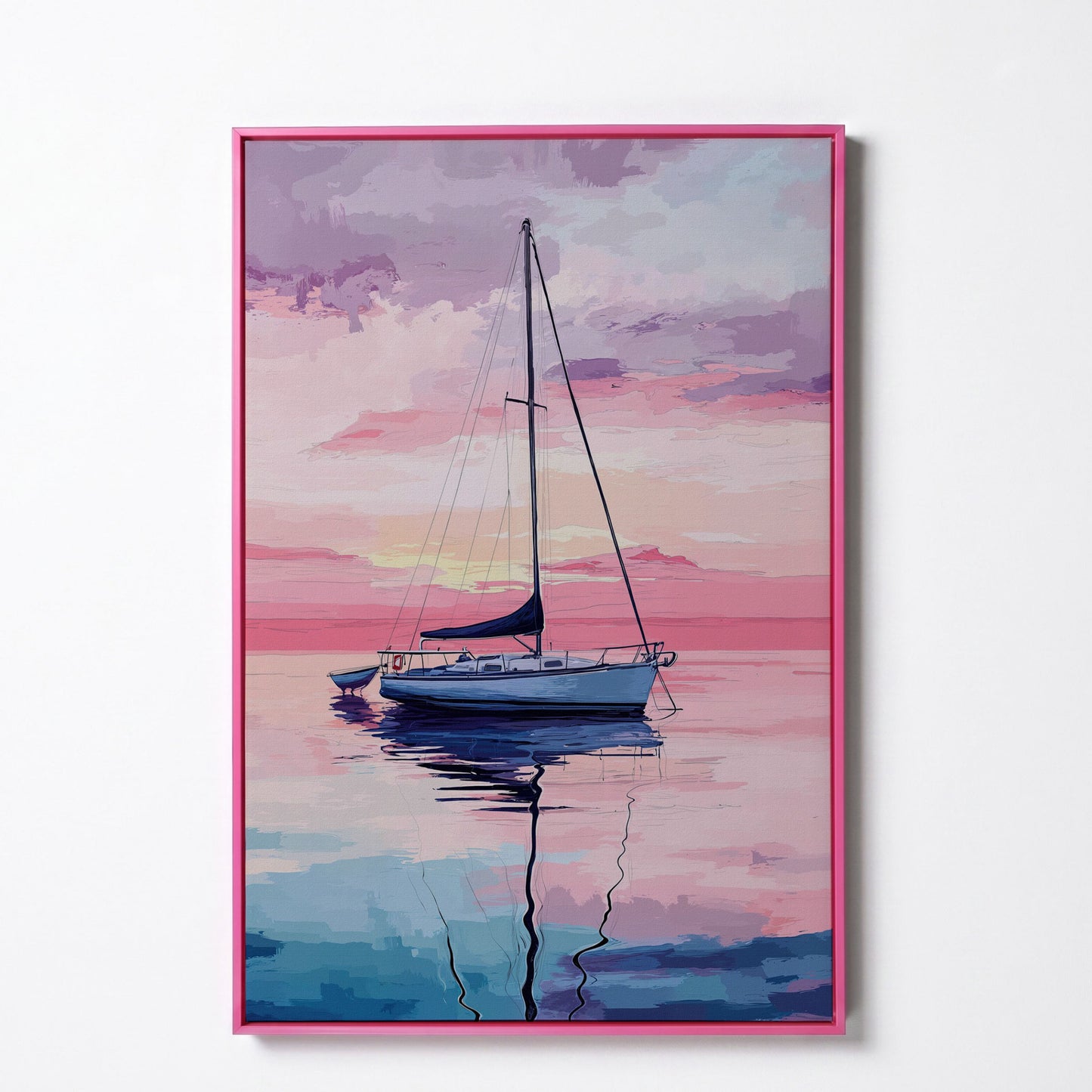 Sailboat at Sunrise Canvas Art, Calm Water Pastel Sky in pink floating frame