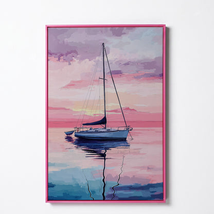 Sailboat at Sunrise Canvas Art, Calm Water Pastel Sky in pink floating frame