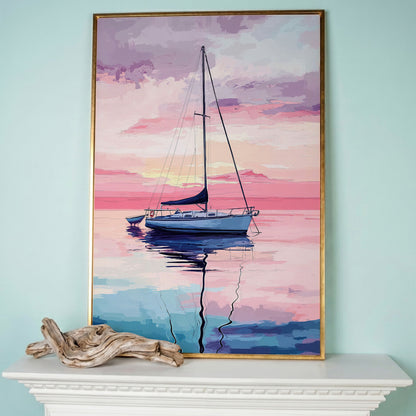 Sailboat at Sunrise Canvas Art, Calm Water Pastel Sky in rose gold floating frame
