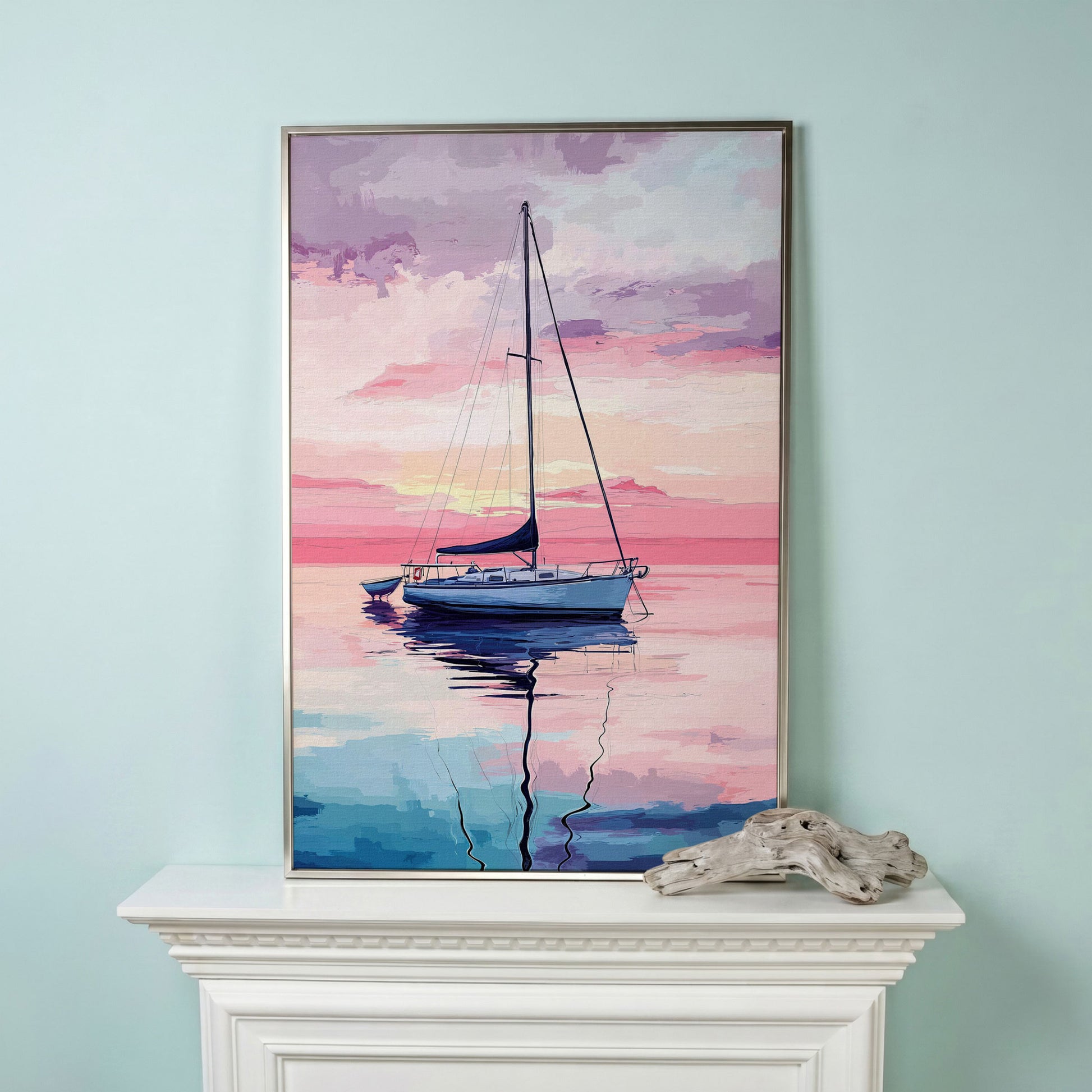 Sailboat at Sunrise Canvas Art, Calm Water Pastel Sky in silver floating frame
