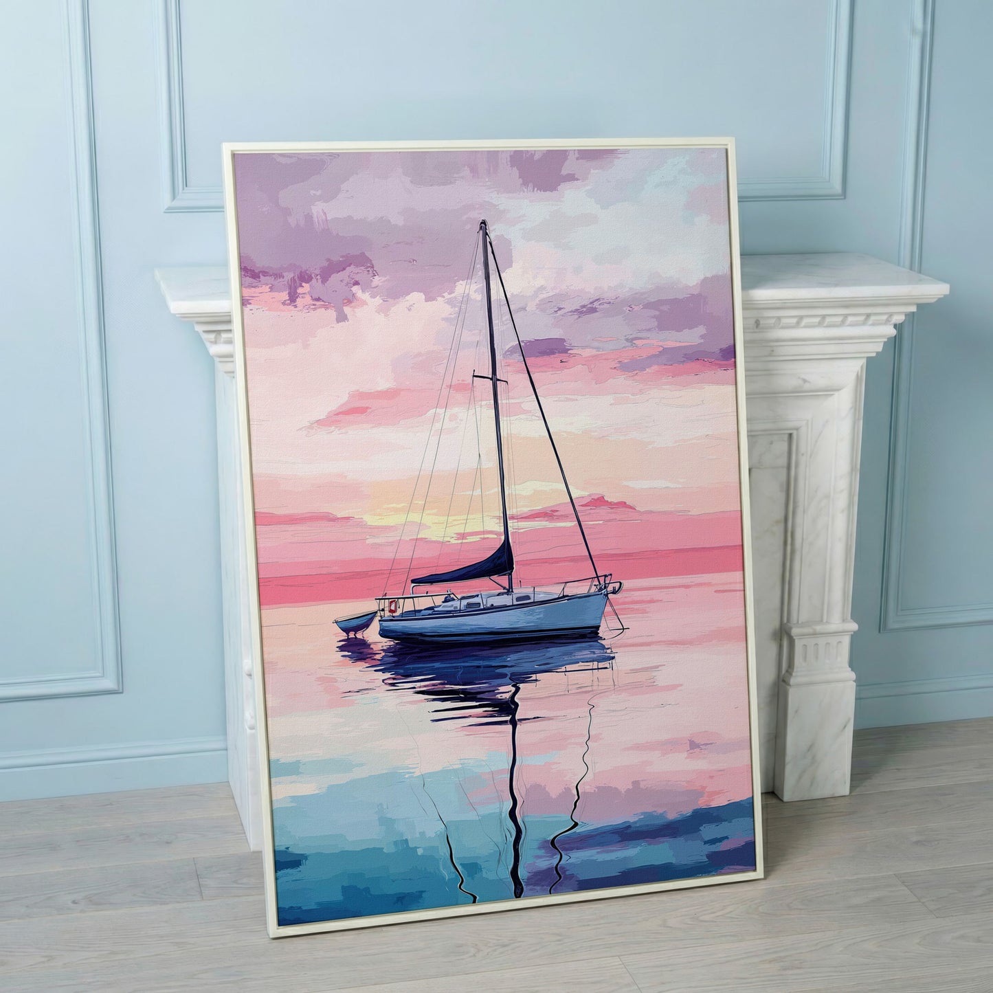 Sailboat at Sunrise Canvas Art, Calm Water Pastel Sky in white floating frame