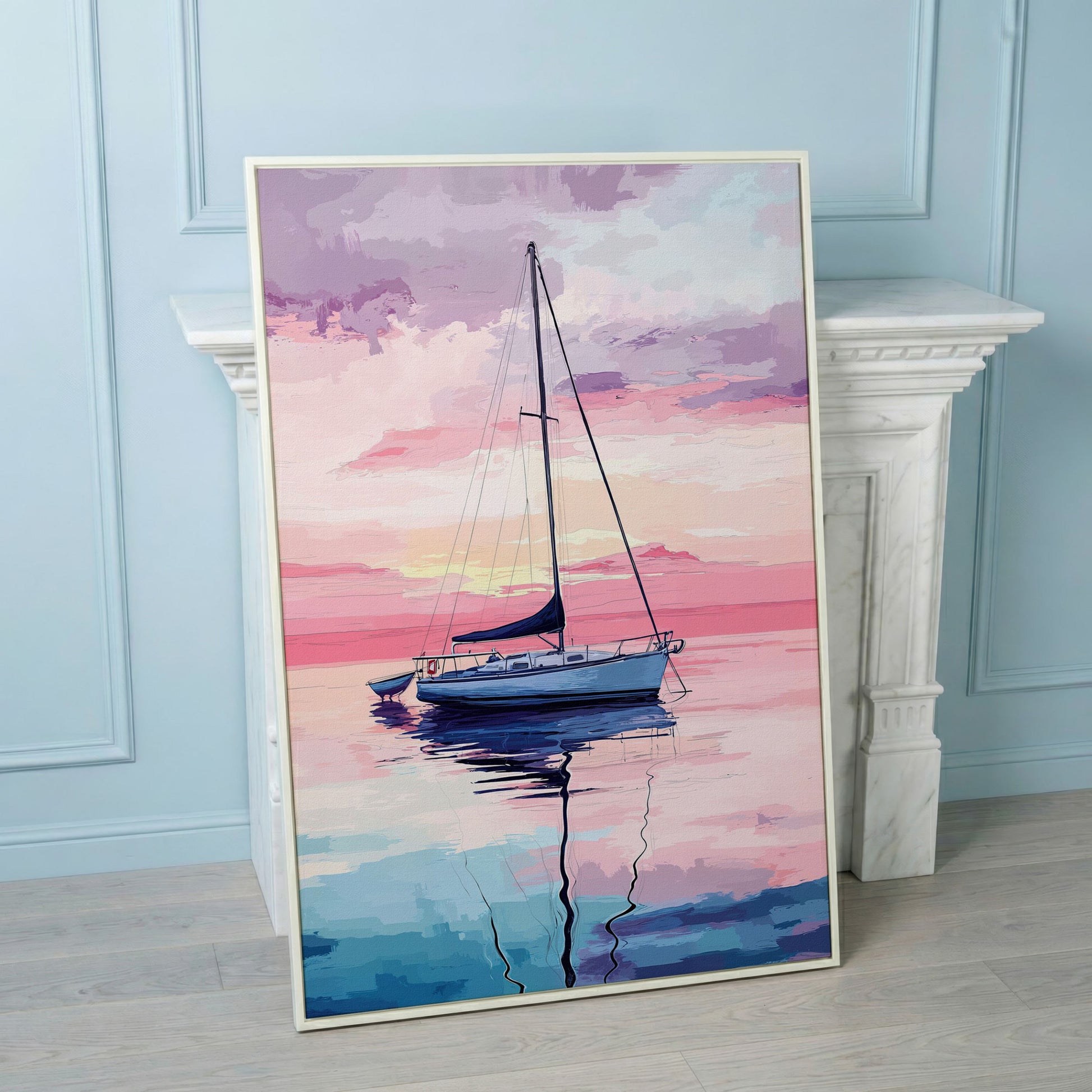 Sailboat at Sunrise Canvas Art, Calm Water Pastel Sky in white floating frame