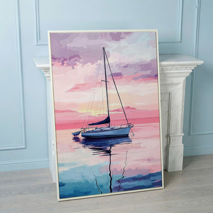Sailboat at Sunrise Canvas Art, Calm Water Pastel Sky in white floating frame