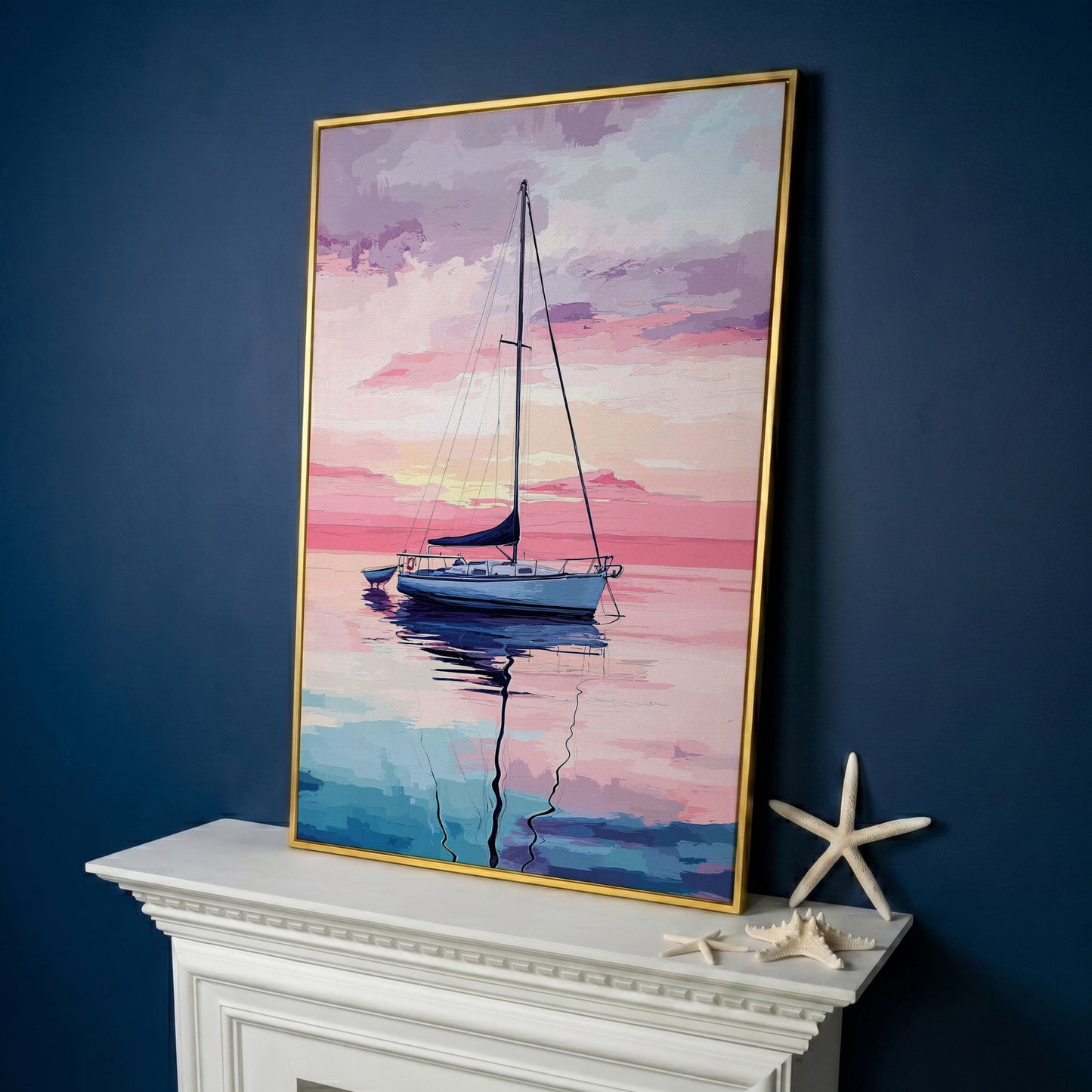 Sailboat at Sunrise Canvas Art, Calm Water Pastel Sky in yellow gold floating frame