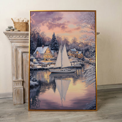 Winter Harbor Sailboat Canvas Art, Snowy Coastal Scene in antique gold floating frame