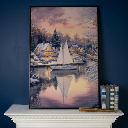 Winter Harbor Sailboat Canvas Art, Snowy Coastal Scene in black floating frame